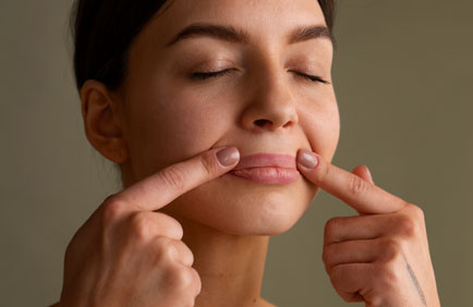Moça segura a parte superior da boca, indicando a necessidade do Lip Lift