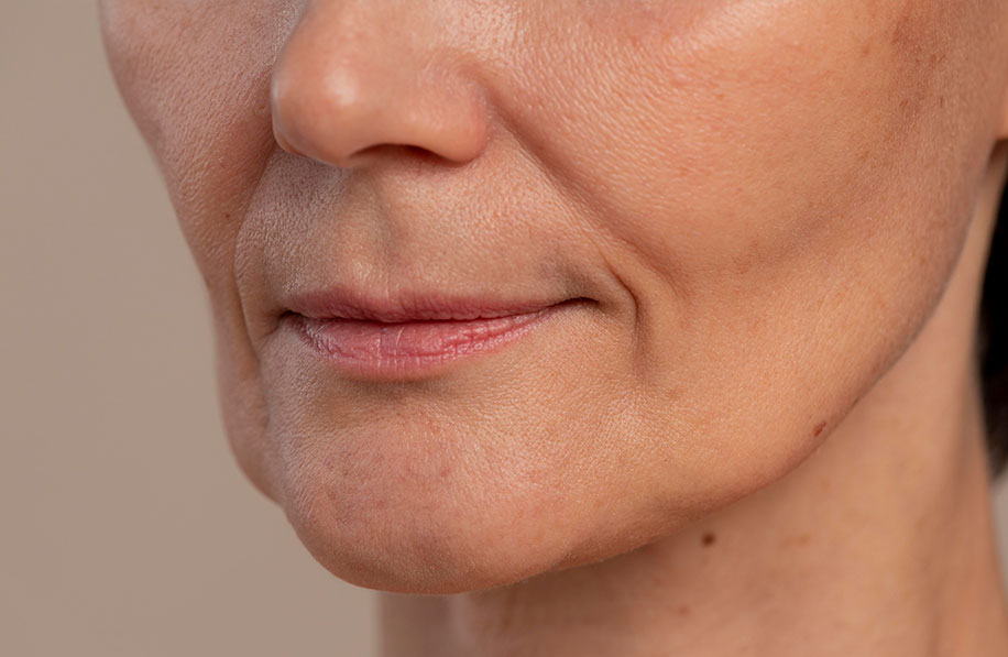 Região labial com sinais de flacidez e queda natural do lábio superior antes do procedimento de lip lift