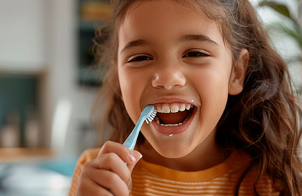 Dra Debora Reis – Odontopediatria Criança sorridente escovando os dentes com creme dental, aprendendo bons hábitos de higiene bucal