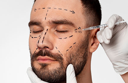 Dra Debora Reis – Preenchimento Facial Aplicação de preenchedor facial em paciente masculino com áreas estratégicas delimitadas para harmonização