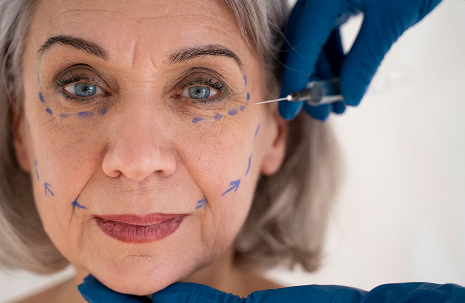 Mulher madura recebendo preenchimento facial com marcações estéticas ao redor dos olhos e do contorno do rosto