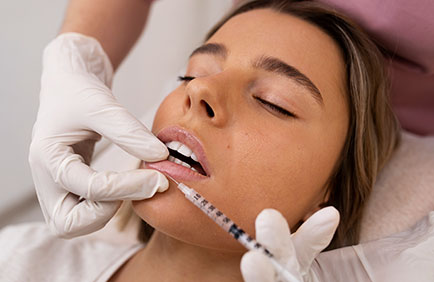 Dra Debora Reis – Preenchimento Labial Aplicação de ácido hialurônico nos lábios durante procedimento estético de preenchimento
