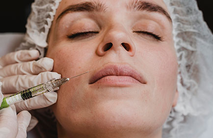 Dra Debora Reis – Preenchimento Labial Mulher de olhos fechados recebendo preenchimento labial com seringa e anestesia tópica
