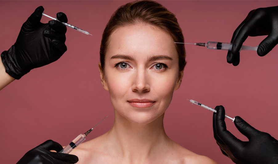 Mulher sendo preparada para aplicação de botox com múltiplas seringas posicionadas no rosto